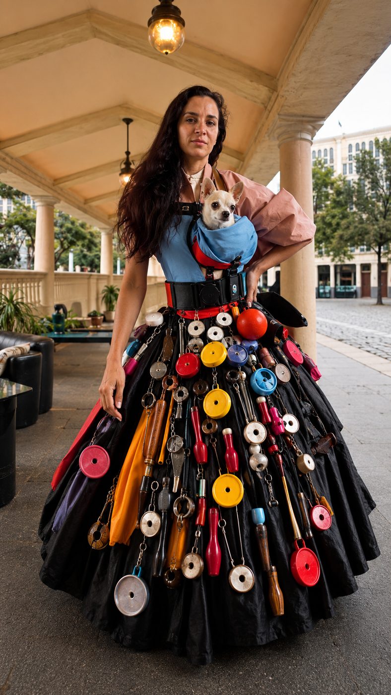 Julia, master tailor and founder of Gifted Hands Studio, wearing an artistic dress made of sewing notions and holding a chihuahua