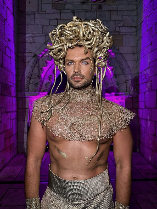 Medusa artistic costume with gold mesh and snake headpiece